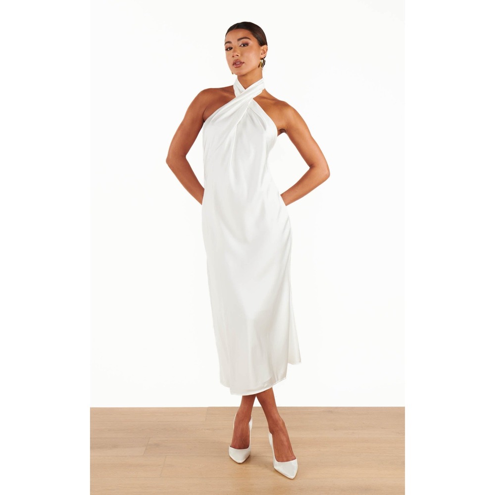 Show Me Your Mumu Jasmine Halter Midi Dress White Luxe Satin Small NWT